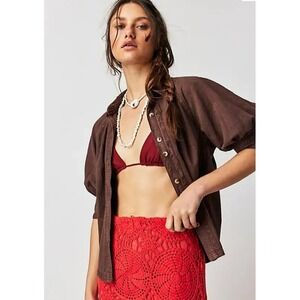We The Free Ellie solid top Button Down Puff Sleeve Boho Cottagecore Brown Small